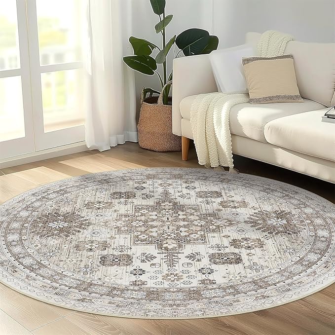 Ultra-Thin Washable 4ft Round Rug - Teal 4x4 Circle Rugs for Living Room, Vintage Dining Room Mat Stain Resistant Nursery Carpet for Bedroom Mudroom Kitchen Apartment Home Office