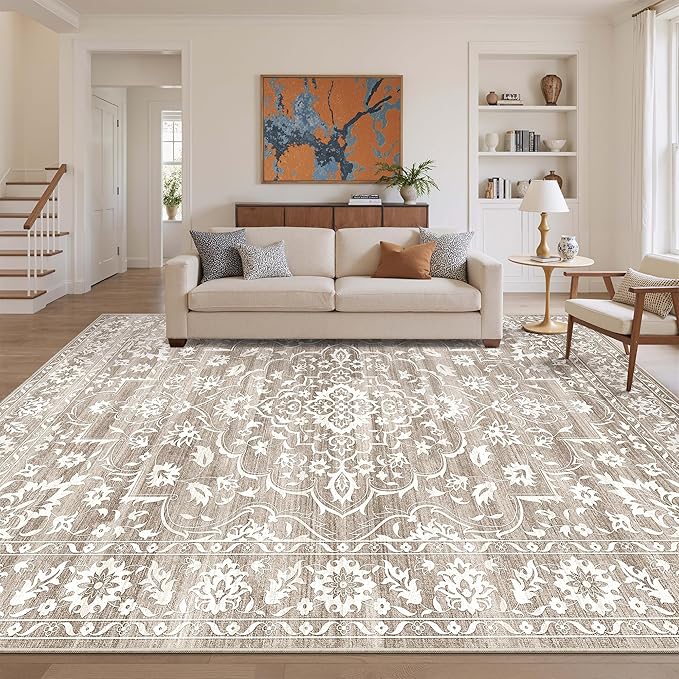 Living Room 10x14 Area Rugs, Washable Low Pile Non-Slip Stain Resistant Extra Large Thin Rug, Vintage Soft Throw Carpet for Dining Room Bedroom Farmhouse Home Office Decor Light Brown