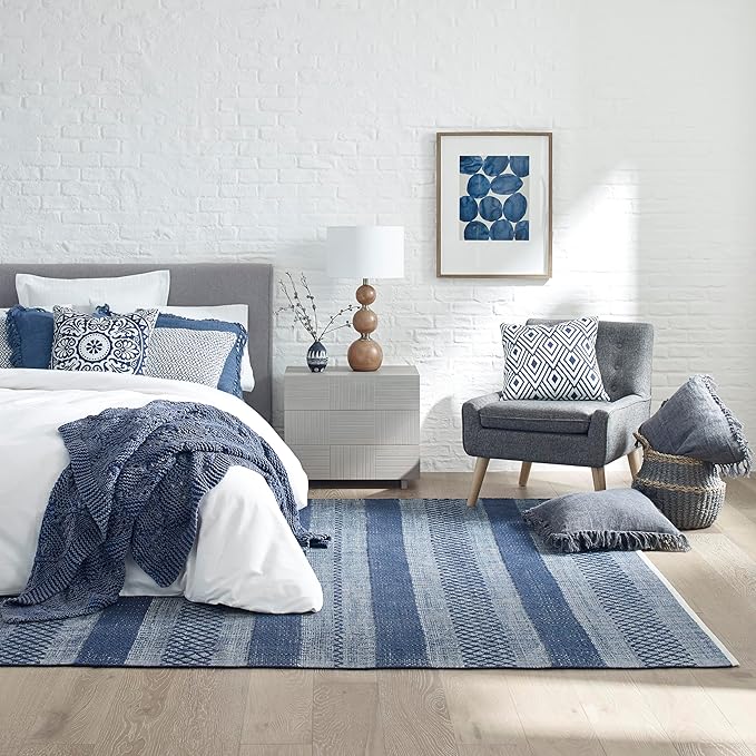 Fab Habitat Machine Washable Area Rug - Hand Woven, Stain Resistant, Pet Friendly - Premium Recycled Polyester Yarn - Shadow Stripes - Kitchen, Bathroom, Laundry Room - Mir - Blue - 3 x 5 ft