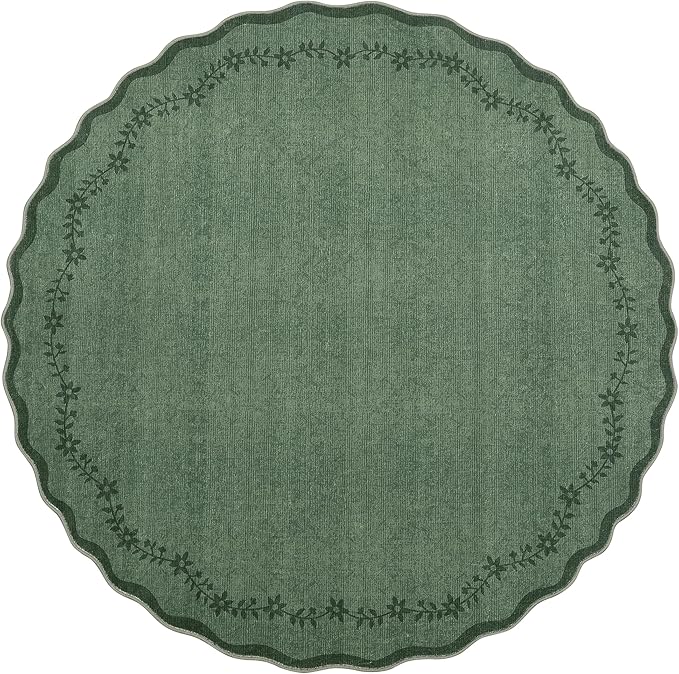 GarveeHome Round Area Rugs 8ft for Living Room, Large Solid Green Washable Circle Rug Soft Non Slip Forest Animal Print Floor Mat Carpet Indoor Thin Rug for Bedroom Dining Room Playroom Nursery