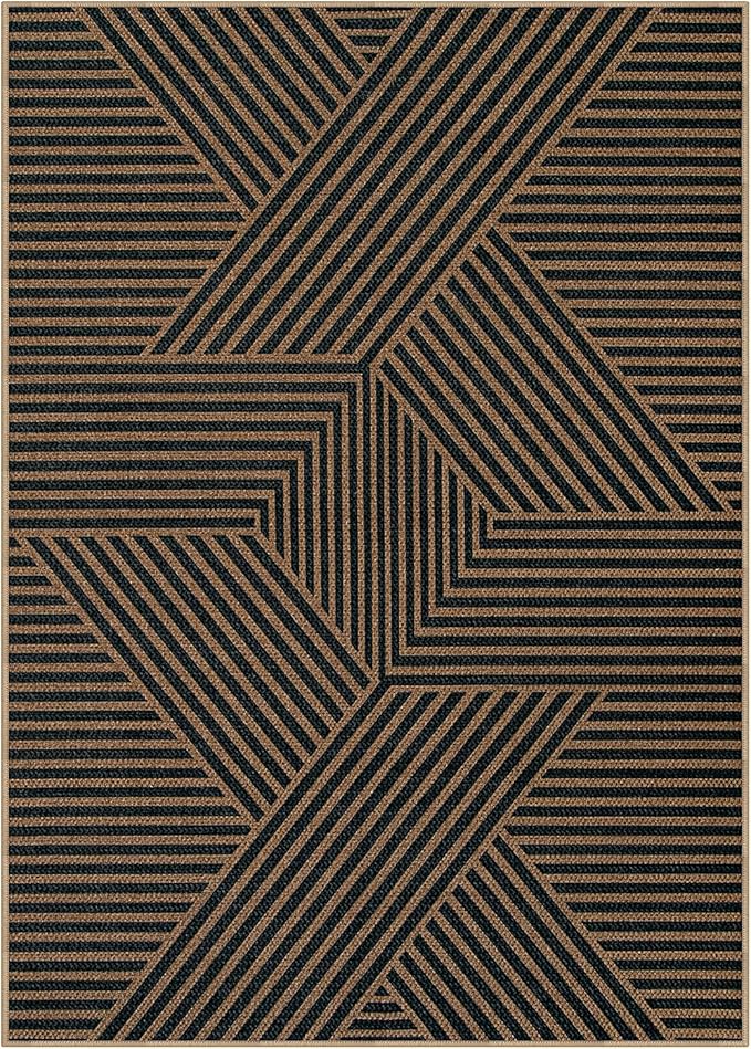 Lahome Modern Geometric Outdoor Easy Jute Rug, 5x7 Patio Living Room Rug Large Black Carpet for Bedroom, Farmhouse Washable Indoor Outdoor Carpet for Dining Room Backyard Deck