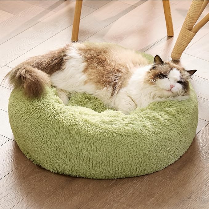 Bedsure Calming Cat Beds for Indoor Cats - Small Cat Bed Washable 20 inches, Anti-Slip Round Fluffy Plush Faux Fur Pet Bed, Fits up to 15 lbs Pets, Green