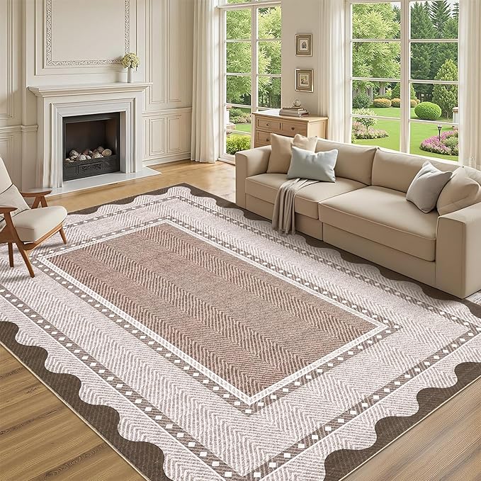 GarveeHome Washable Area Rugs 10x13 Modern Border Neutral Print Pattern Large Solid Rugs, Low Pile Non Slip Stain-Resistant Soft Carpet, Perfect for Living Room, Bedroom, Kids Room, Nursery, Red Brown