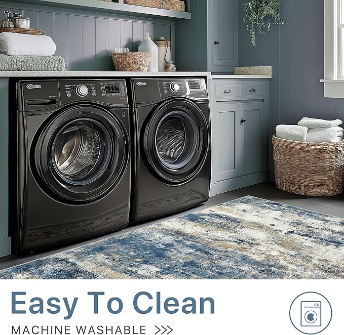 Machine Washable Rug 8x10 Area Rugs for Living Room Bedroom, Large Navy Blue Beige Abstract Area Rug Soft Throw Rugs, Low-Pile Floor Carpet with Non Slip Rubber Backing