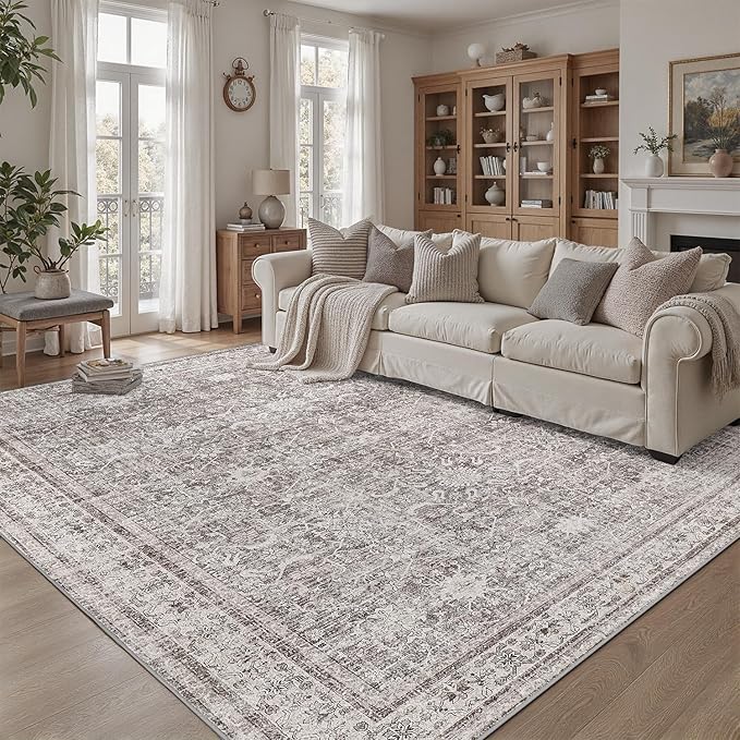 DCX Gray 4x6 Rug, Kid & Pet Friendly with Rubber Back Non Slip, Machine Washable Stain Resistant Vintage Traditional Distressed Carpet, Rug for Living Room, Bedroom, Home Decor