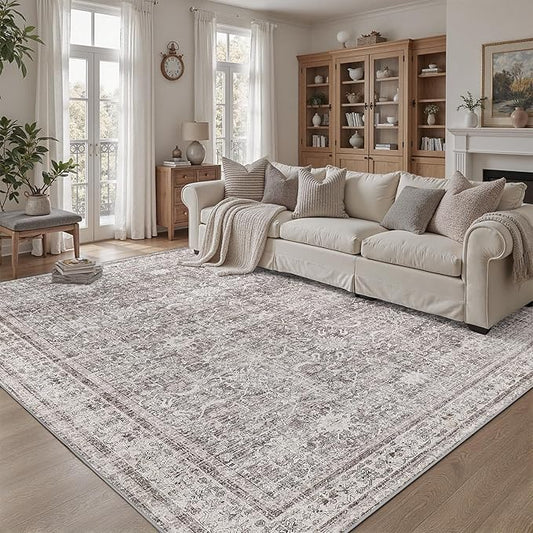 DCX Gray 4x6 Rug, Kid & Pet Friendly with Rubber Back Non Slip, Machine Washable Stain Resistant Vintage Traditional Distressed Carpet, Rug for Living Room, Bedroom, Home Decor