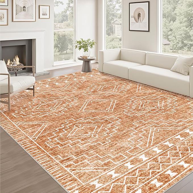 10x14 Area Rugs Living Room Rug: Washable Rug Neutral Lagre Soft Thin Carpet Indoor Floor Non Slip Boho Geometric Moroccan Carpets for Bedroom Dining Room Farmhouse Nursery Office - Dark Brown