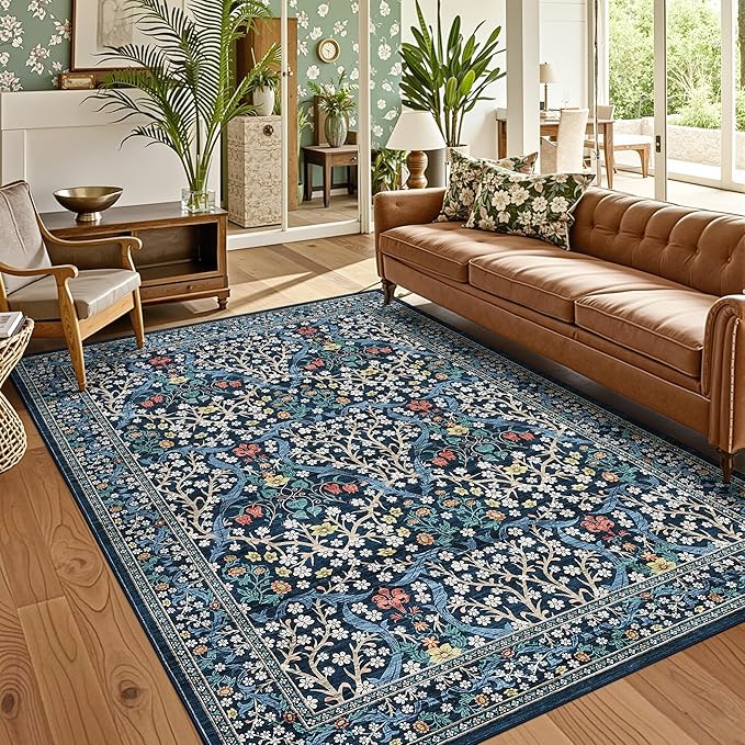 GarveeHome Washable Rug for Living Room, 9x12 Large Area Rug for Dining Room Under Table, Bedroom, Floral Soft Low Pile Non Slip Stain Resistant Carpet for Nursery, Playroom, Office, Dark Blue