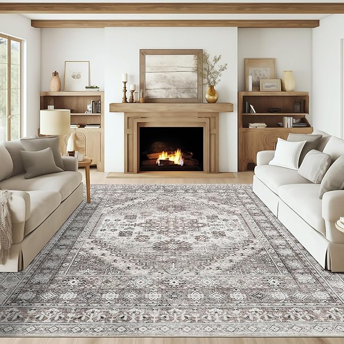 Washable Rug 8x10 Area Rugs for Living Room - Stain Resistant Non-Slip Backing Rugs for Bedroom - Vintage Large Area Rug (Brown/Beige, 8'x10')