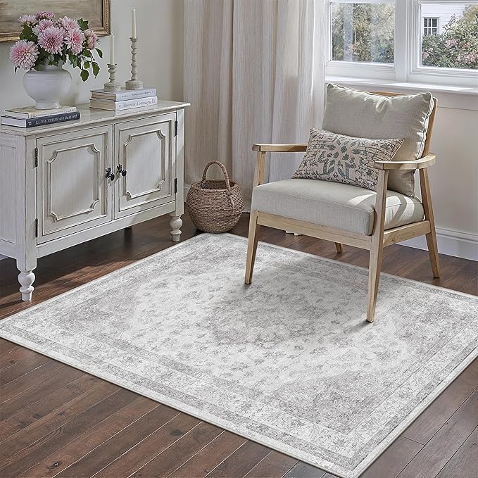 Gray Area Rug 3x4 Washable Vintage Carpet Entryway Office Soft Retro Kitchen Low Pile Thin Door Mat Non Slip Grey Oriental Medallion Throw Small Rug for Bathroom Bedroom Dining Living Room