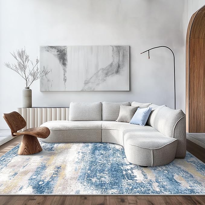 Area Rugs 5x7 for Living Room Bedroom, Modern Abstract Machine Washable Soft Blue Rug, Floor Carpet with Non Slip Backing for Dining Room