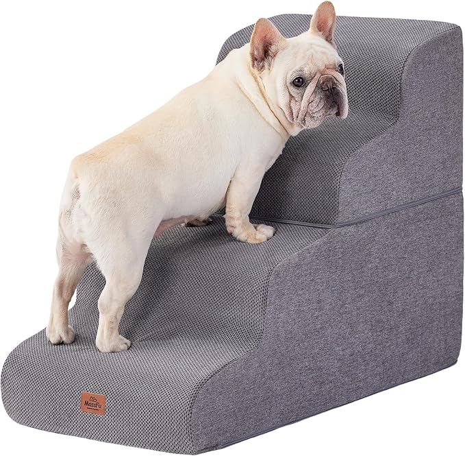 Gray Curved Dog Stairs Ramp for High Beds 22.8" H, 4-Step Dog Steps for Small Dogs and Cats, Pet Stairs for High Bed Climbing, Non-Slip Balanced Pet Step