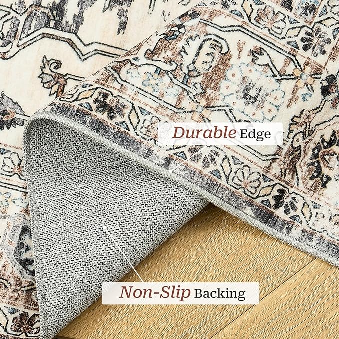 5x7 Area Rugs for Living Room, Stain Resistant Neutral Washable Rugs for Dining Room, Floral Vintage Non-Slip Thin Large Size Area Rug (Brown/Grey)