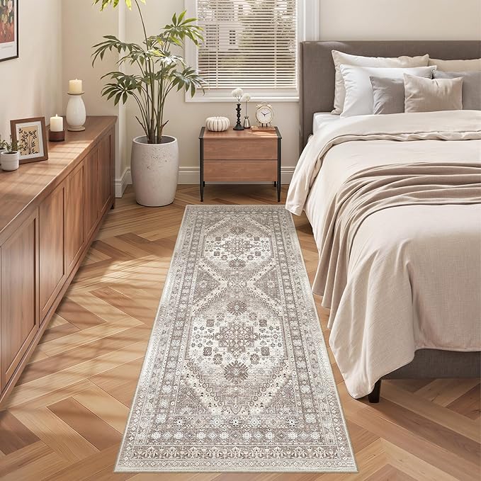 Washable Runner Rug 2x6 Hallway Runner Rug Ultra-Thin Kitchen Rug Non Slip Indoor Floor Foldable Carpet with Low Pile for Entryway Bathroom Laundry Room Living Room(Brown/Beige,2'x6')