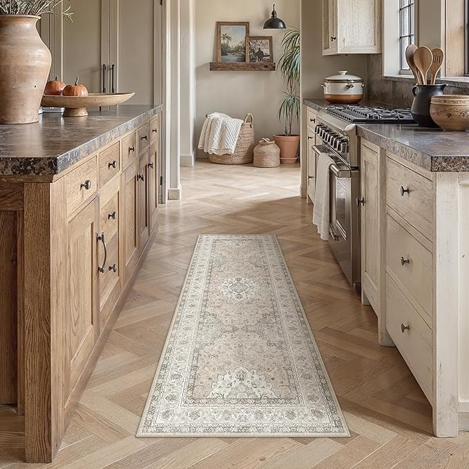 2x6 Neutral Washable Vintage Runner Rug for Living Room Bedroom Beige Brown Soft Non Slip Area Rug Lightweight Floral Low Pile Distressed Runner Entrance Laundry Room Hallway