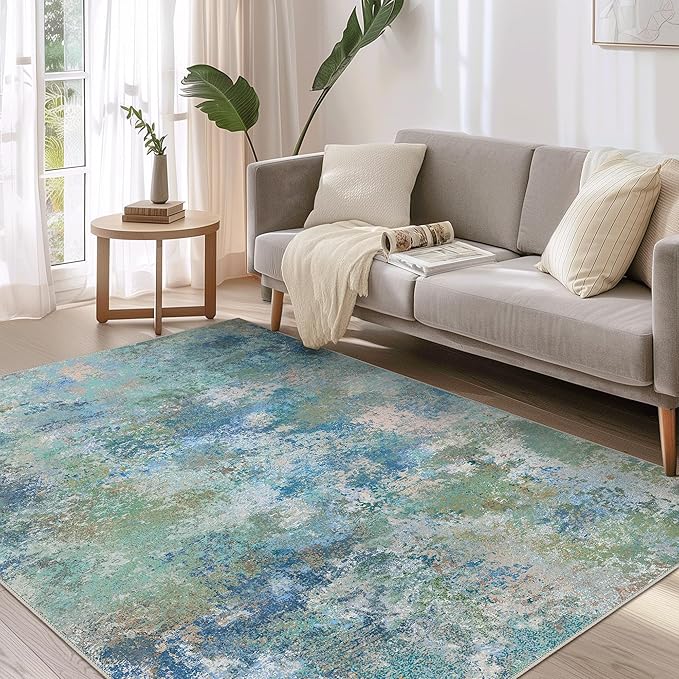 Area Rugs 4x6 for Living Room Bedroom, Modern Abstract Machine Washable Rug, Large Soft Low Pile Floor Carpet with Non Slip Backing for Dining Room, Blue Green
