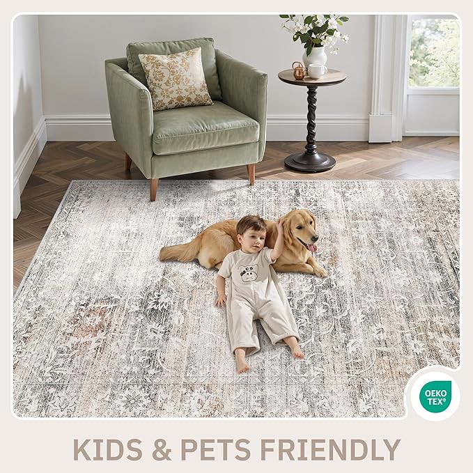 Area Rugs 5x7 for Living Room, Floral Washable Rugs for Dining Room, Bedroom, Kitchen, Vintage Non-Slip Thin Area Rug Taupe