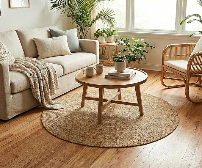 Hausattire Hand Woven Jute Braided Rug, 4??Round ??Natural, Reversible Boho Entry Area Rugs for Kitchen, Living Room I Farmhouse Decorative Floor Rug, 4 Feet Round