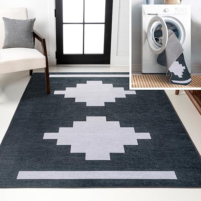 JONATHAN Y Machine Washable Indoor Area Rug 5X8 Navy/Light Gray, Adriel Geometric Medallion for Living Room, Bedroom, Kitchen, Office, Easy-Cleaning, Pet-Friendly, Non-Shedding WSH111B-5
