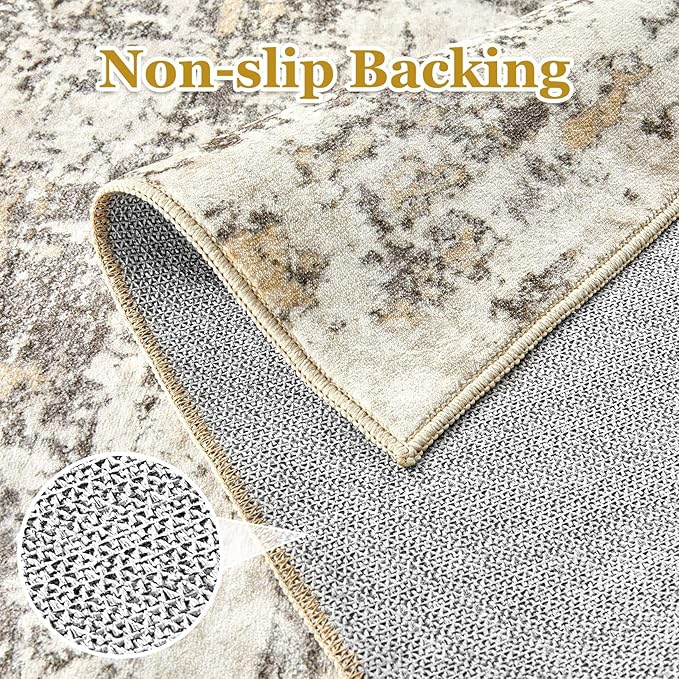 6ft Round Area Rugs for Living Room: 6x6 Abstract Washable Rug Modern Large Soft Stain Resistant Non-Slip Backing Machine Table for Bedroom Dining Room Indoor Home Office Carpet - Gold Brown