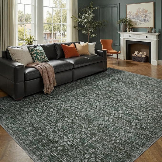 DCX 9x12 Neutral Rug, Kid & Pet Friendly with Rubber Back Non Slip, Machine Washable Stain Resistant Dark Blue and Green Floral Rug for Living Room, Bedroom, Soft Low Pile Large Nursery Carpet