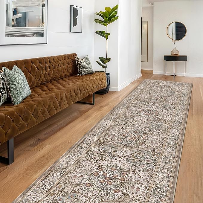 Moss Green 3x10 ft Extra Long Wide Runner Rug for Hallway Non Slip Washable, Large Kitchen Indoor Floor Rugs for Entryway Bathroom Bedroom, Stain Resistant Vintage Neutral Floral Carpet