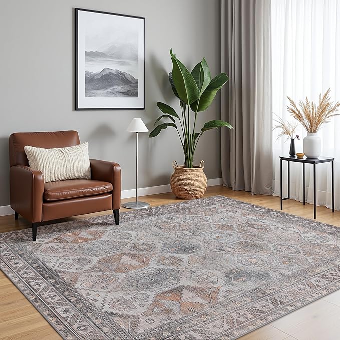 Bavni Kitchen Rug 2x7 Runner Rugs for Hallways Entryway, Washable Vintage Print Carpet, Ultra-Thin Chenille Low Pile Lightweight Rug with Non Slip Backing, Retro Grey