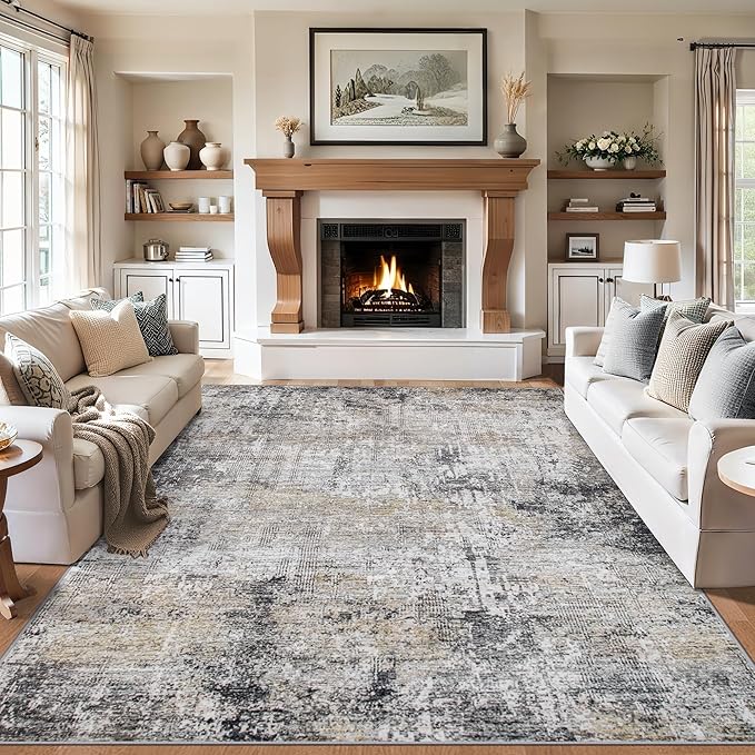 Area Rugs 10x12 Living Room - Washable Rug Modern Abstract Soft Large Neutral Non-Slip Carpet Indoor Floor Thin Carpets for Bedroom Dining Room Farmhouse Nursery Home Office Brown Black Grey