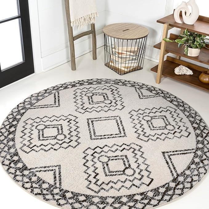 JONATHAN Y Amir Moroccan Beni Souk Cream/Black 7' Round Indoor Area Rug, Bohemian, Scandinavian, Easy-Cleaning for Living Room, Bedroom, Kitchen, Pet Friendly, Non-Shedding (MOH200A-7R)