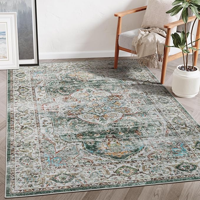 6x9 Area Rugs for Living Room - Stain Resistant Non-Slip Backing Machine Washable Rugs for Bedroom - Boho Persian Large Area Rug (Green, 6'x9')