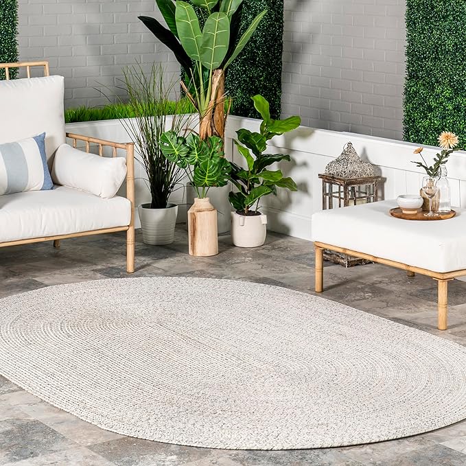 nuLOOM Oval 3' x 5' Solid Hand Braided Indoor/Outdoor Area Rug, Pet-Friendly, High Traffic, Weather Resistant, for Patio, Balcony, Bedroom, Living, Dining Room, Wynn Ivory