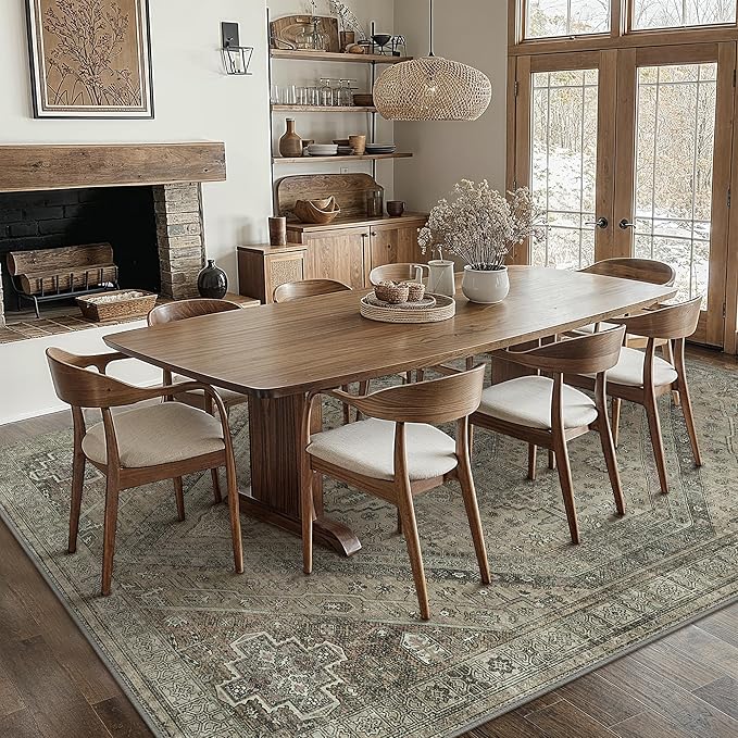 Bavni Washable Rug 6x9 Area Rug for Living Room Bedroom Dining, Washable Vintage Print Carpet, Ultra-Thin Chenille Low Pile Lightweight Rug with Non Slip Backing, Tan