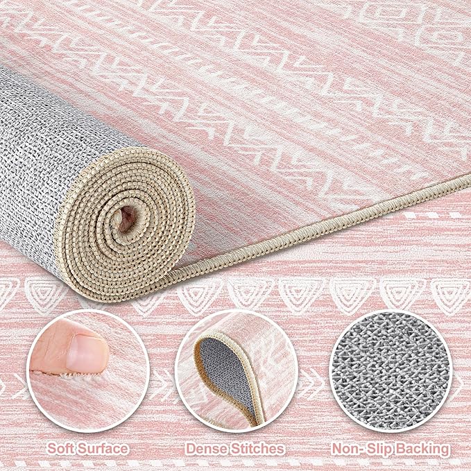 Nakagishi Round Rug Kitchen Washable Rugs: 8x8 Non-Slip Boho Soft Modern Stain Resistant Indoor Floor Neutral Farmhouse Throw Carpet for Hallway Bathroom Laundry Room Entryway Bedroom- Pink