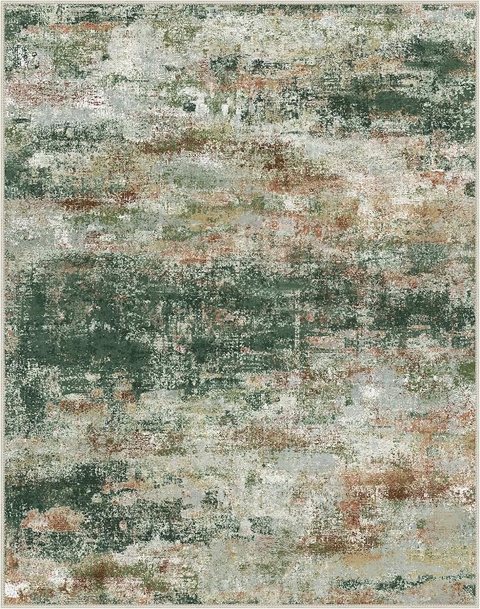 Area Rugs 5x7 for Living Room Bedroom, Modern Abstract Machine Washable Rug, Large Soft Low Pile Floor Carpet with Non Slip Backing for Dining Room, Green/Brown