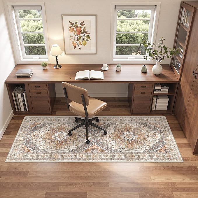 Washable Runner Rug 2x6 Hallway Runner Rug Ultra-Thin Kitchen Rug Non Slip Indoor Floor Foldable Carpet with Low Pile for Entryway Bathroom Laundry Room Living Room(Turmeric/Grey,2'x6')