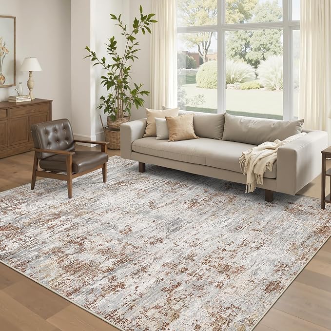 Art&Tuft Washable Rugs 5x7 - Stain Resistant Anti-Slip Backing Abstract 5x7 Area Rugs for Living Room, Foldable Machine Washable Area Rug(5'x7', Rust)