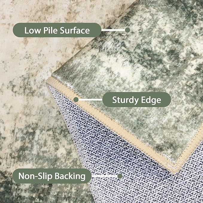 Area Rugs 10x14 for Living Room Bedroom, Modern Abstract Machine Washable Rug, Large Soft Low Pile Floor Cover with Non Slip Backing for Dining Room, Grey/Dark Green