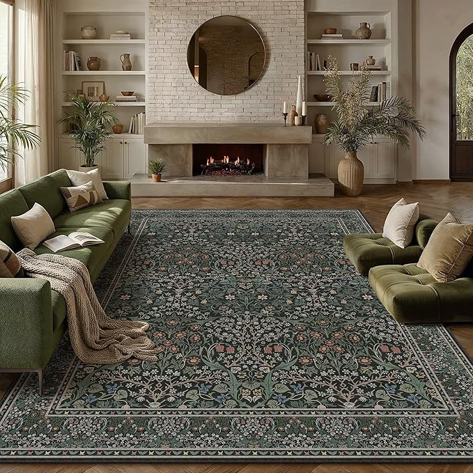 HUGEAR Vintage Floral Machine Washable 8x10 Area Rugs Black Green Living Room Bedroom Rug Retro Neutral Stain Resistant Non Slip Low Pile Throw Carpet for Home Aesthetic Modern Decor