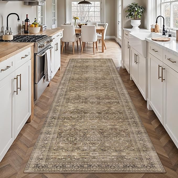 HUGEAR 2'6''x10' Runner Rug Hallway Vintage Brown Machine Washable Retro Floral Low Pile Carpet Vacuumable Distressed Long Throw Rug Bedroom Office Bathroom Kitchen Laundry Non Slip Soft Lightweight