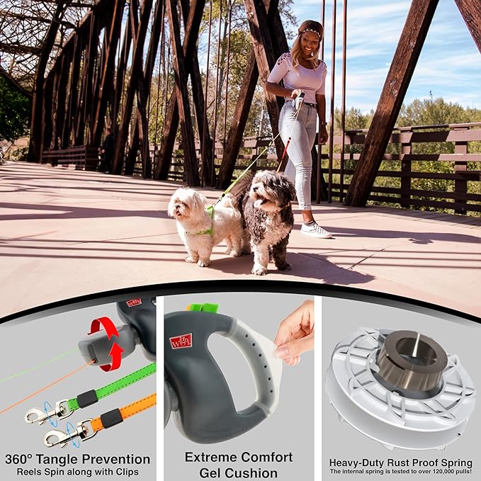 Wigzi - 2025 Edition - 2 Dog Retractable Leash ??Featuring Our Incredible Silicone Gel Handle - No Tangle Engineering. Each Dog 50 lb up to 10 ft Distance. Lock and Unlock Easily. Reflective Webbing.