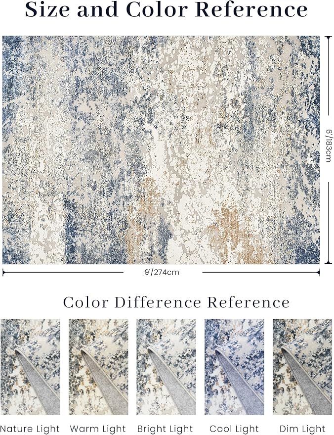 Art&Tuft Washable Rug, Anti-Slip Backing Abstract Area Rug 6x9, Stain Resistant Rugs for Living Room, Foldable Machine Washable Area Rug (TPR18-Blue, 6'x9')