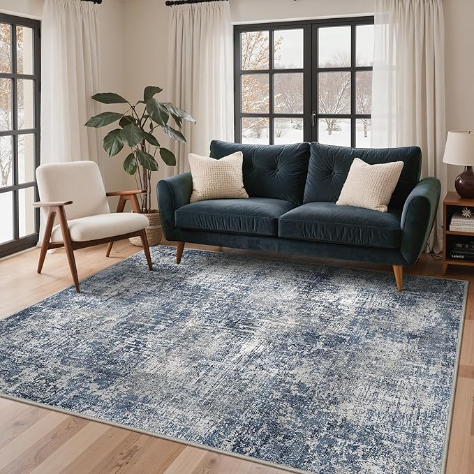 GENIMO Washable Area Rugs for Living Room, 8x10 Modern Non Slip Rugs, Low Pile Lightweight Soft Print Rug for Bedroom, Dining Room, Home Office, Deep Sea Blue