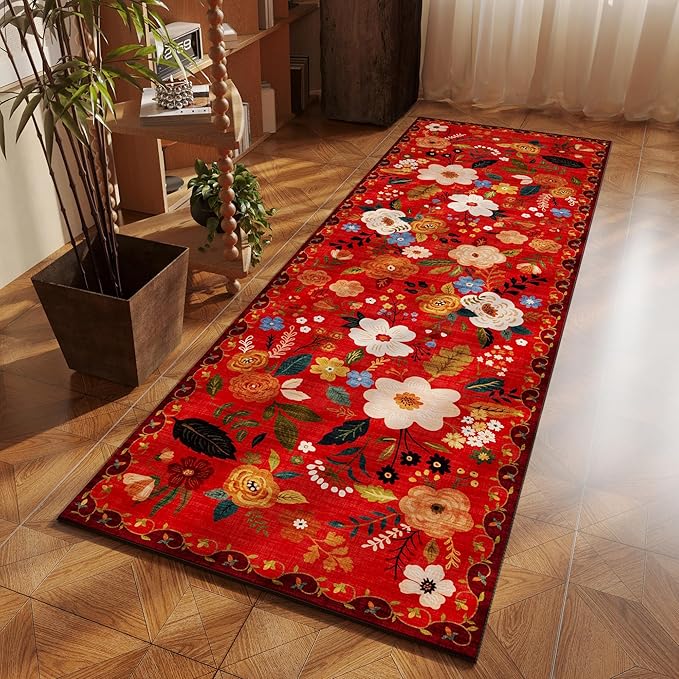 Rugcomf Runner Rug for Hallways Kitchen Rug Non Slip 2'6''x8' Washable Runner Rugs with Rubber Backing Soft Floral Carpet Runner for Hallways, Kitchen, Laundry, Bedroom, Bathroom(Red)