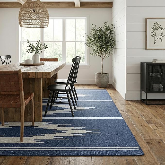 Fab Habitat Machine Washable Area Rug - Hand Woven, Stain Resistant, Pet Friendly, Reversible - Premium Recycled Polyester Yarn - Ikat - Bedroom, Living/Dining Room - Madison - Navy & Gray - 5 x 8 ft