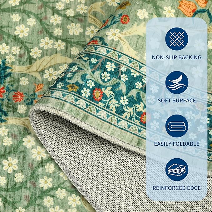 GarveeHome 6x9 Washable Area Rug for Living Room, Floral Dining Room Rugs for Under Table, Low Pile Non-Slip Stain Resistance Floor Carpet for Bedroom, Sage Green