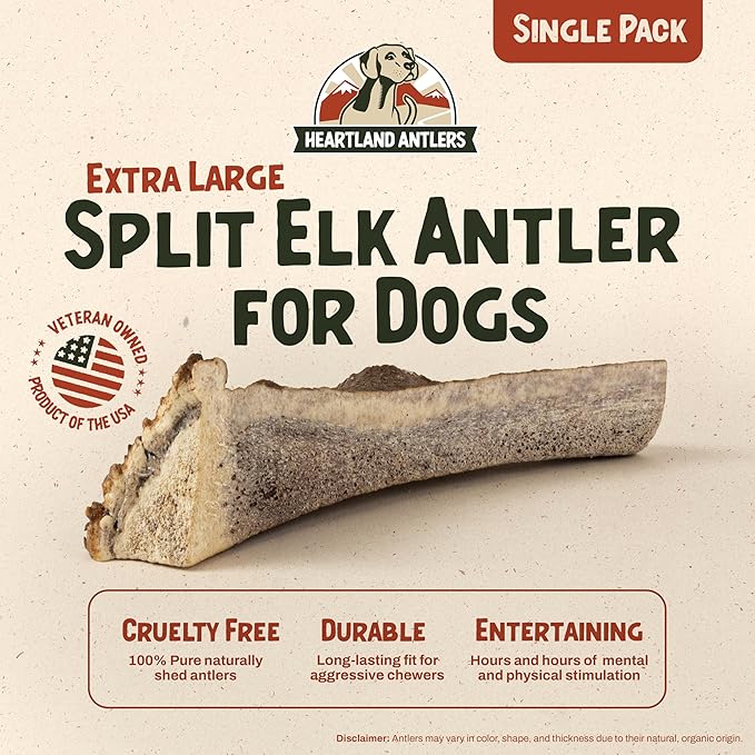 Heartland Elk Antlers for Dogs - Daily Dental Care Chews for Aggressive Chewers to Reduce Plaque & Prevent Destructive Behavior (Splinter Free, 8+", X-Large, 1-Pack, Grade A, USA Made)