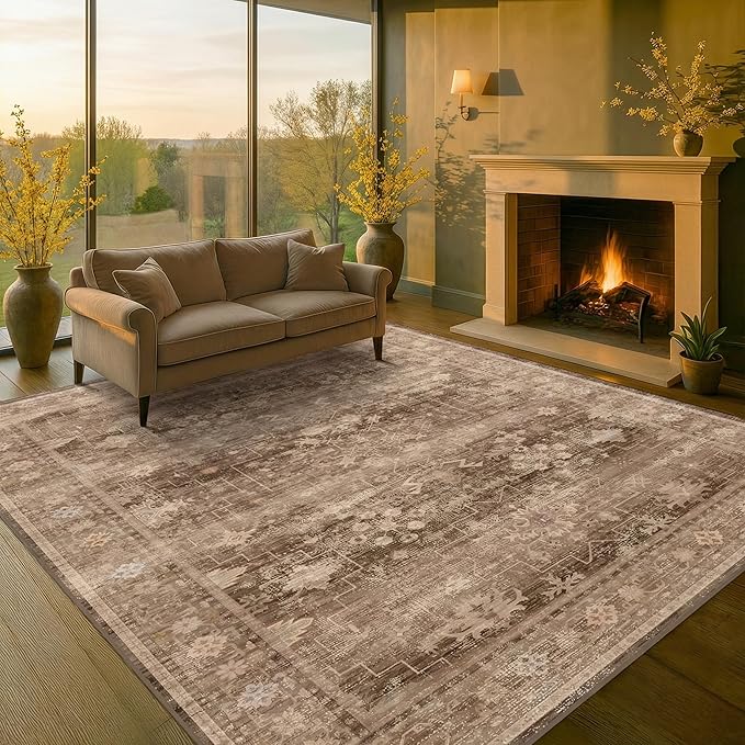 Boho Brown Living Room Rug 7x9 - Vintage Traditional Eclectic Oriental Neutral Taupe, Washable Low Pile Non-Slip Extra Large Area Rugs for Dining Under Table Bedroom Lounge
