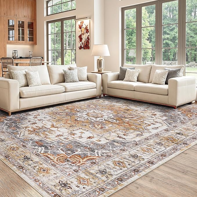 Washable Area Rug 8x10, Large Soft Rugs for Living Room Stain Resistant Non-Slip Backing Rugs for Bedroom, Vintage Clearance Large Area Rug (Turmeric/Grey,8'x10')