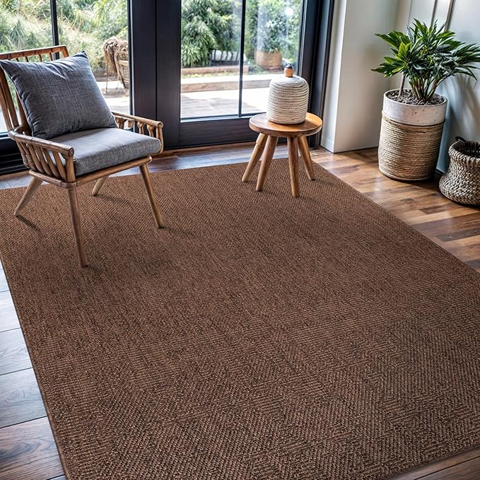 CAMILSON Easy Jute Rug 6x9, Indoor Outdoor Brown Color Fiber Area Rugs for Living Room Patio and Kitchen Rug, Solid Boho Woven Design, Easy-Cleaning, Washable Outside Carpet Alfombras (6 x 9)