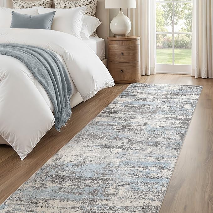Hallway Washable Runner Rug: 3x10 Abstract Modern Soft Stain Resistant Non-Slip Backing Runner for for Entryway Kitchen Laundry - Blue Grey